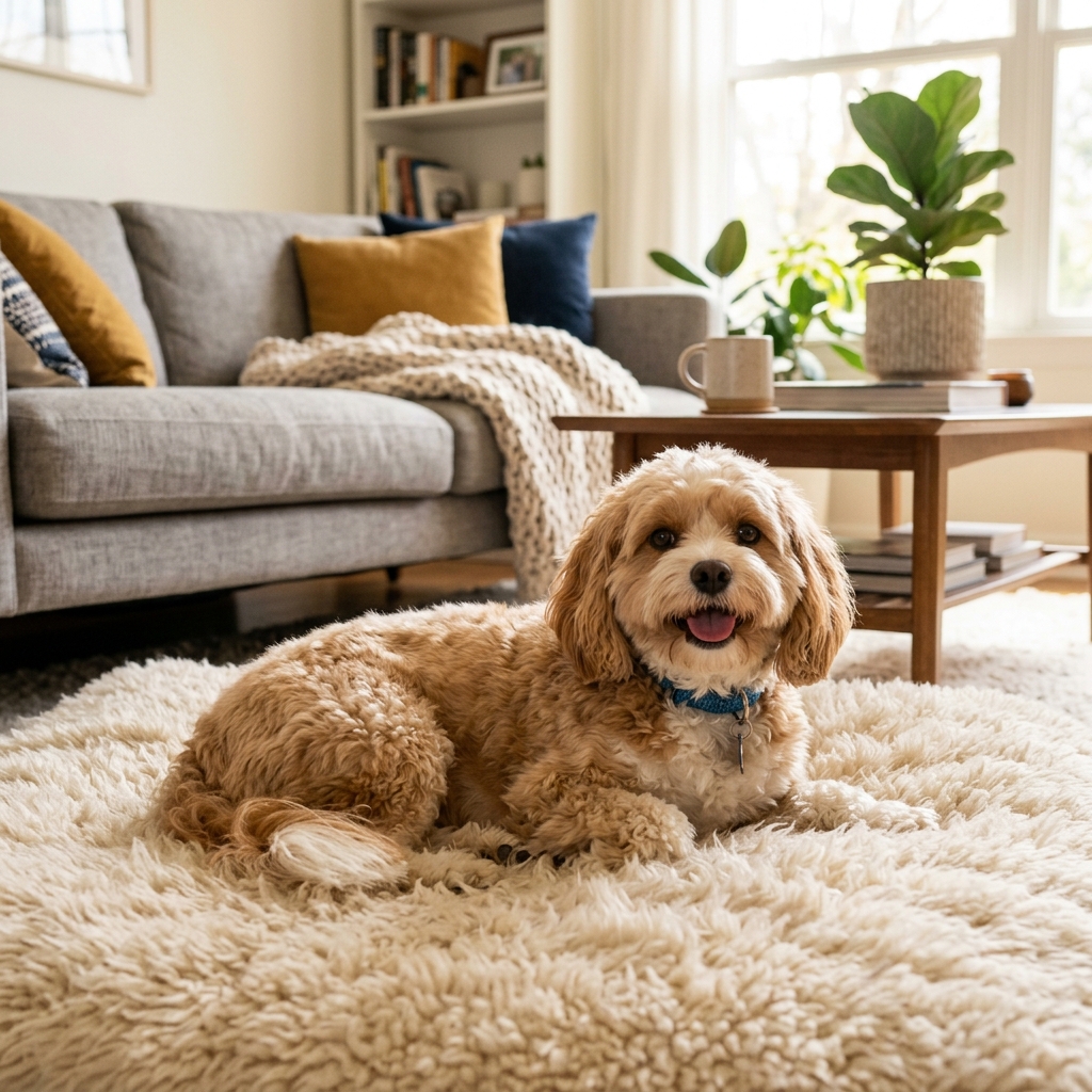 Perrito acostado feliz en alfombra moderna de sala de estar