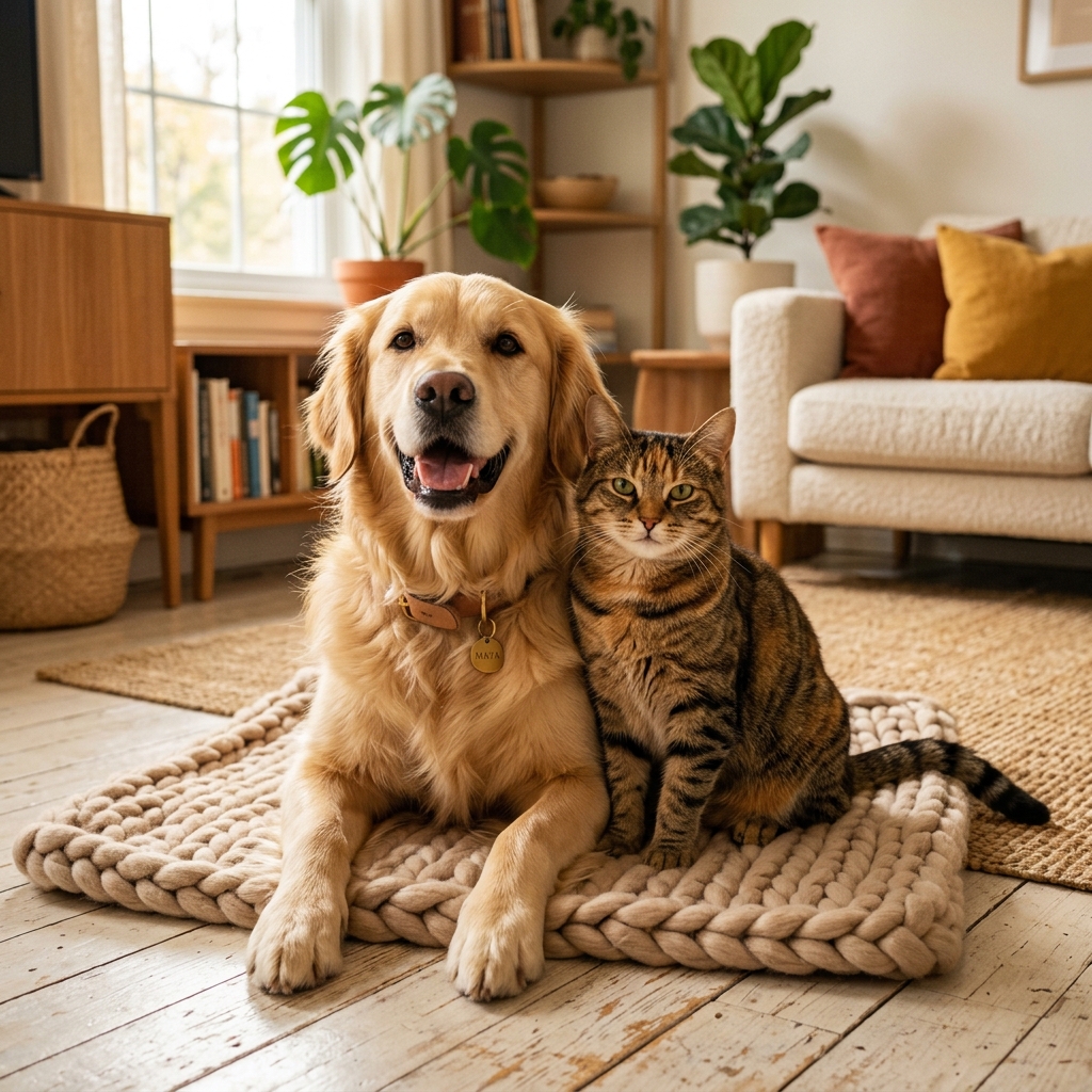 Perro Golden Retriever y gato atigrado en sala acogedora